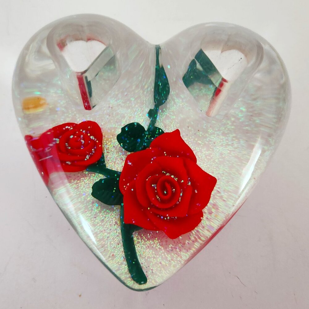 Lucite Heart Paperweight/Pen Holder with Floating Glitter